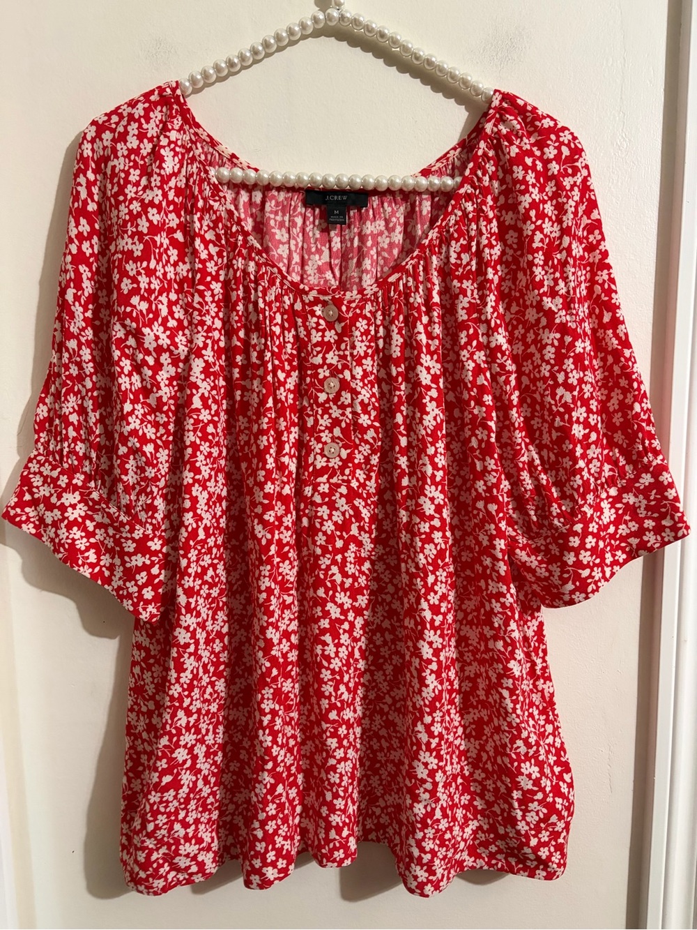 J. Crew Red and White Floral Button-Up Peasant Blouse